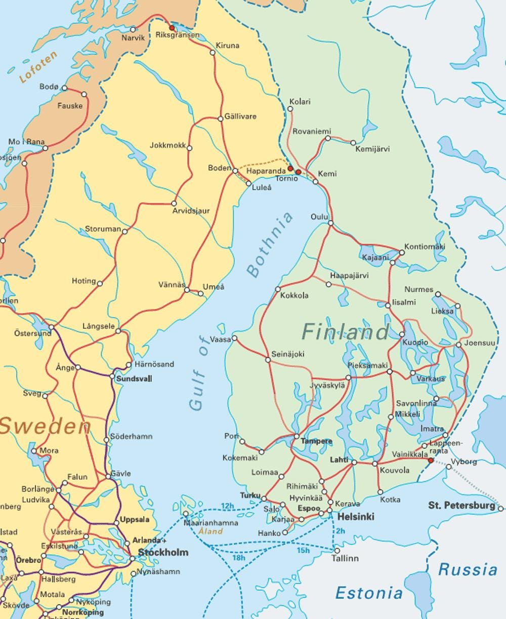 Финляндия на поезде на карте
