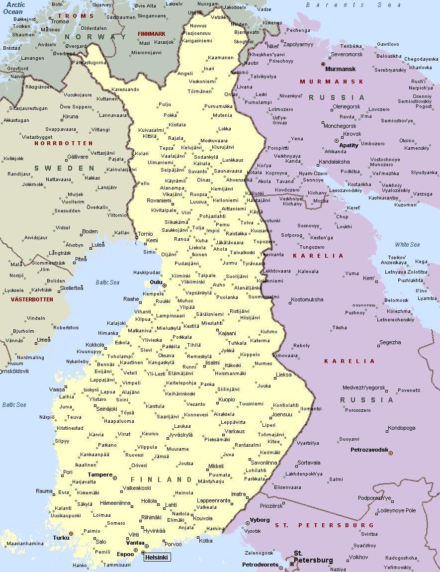Финляндия карта с городами
